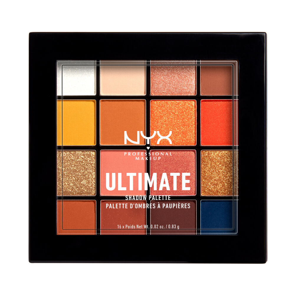 Closed NYX Professional Makeup Ultimate Shadow Palette with 16 shades, featuring a variety of eye makeup colors and finishes.