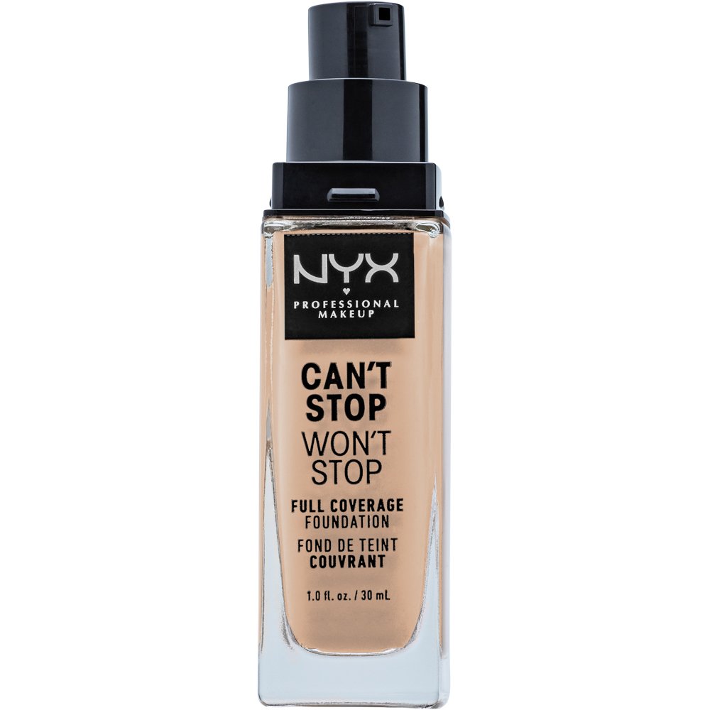 NYX Professional Makeup Can't Stop Won't Stop Foundation in 30ml bottle, with a sleek black packaging and clear labeling.
