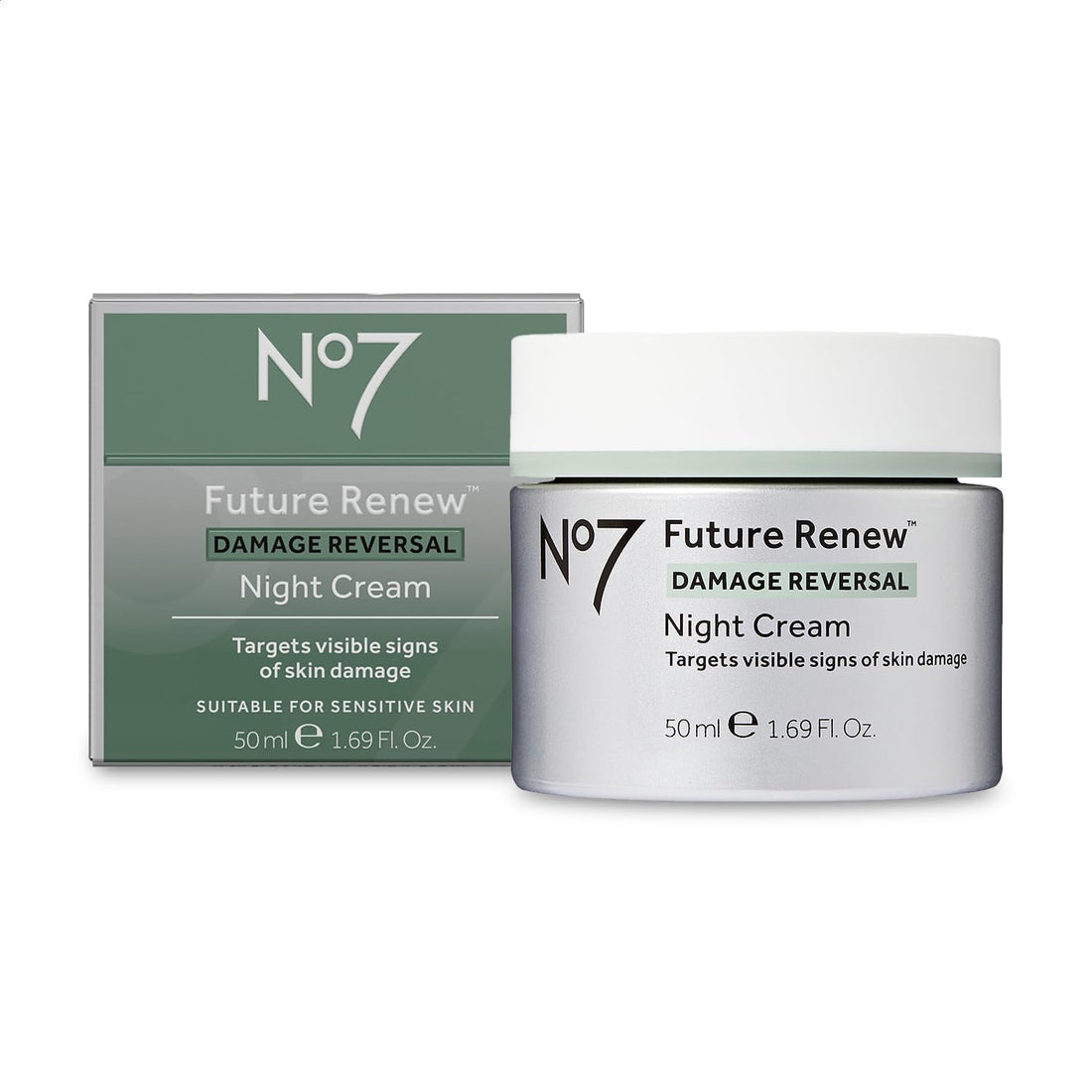 No7 Future Renew Damage Reversal Night Cream in a 50ml jar, featuring a smooth, creamy texture for all skin types.