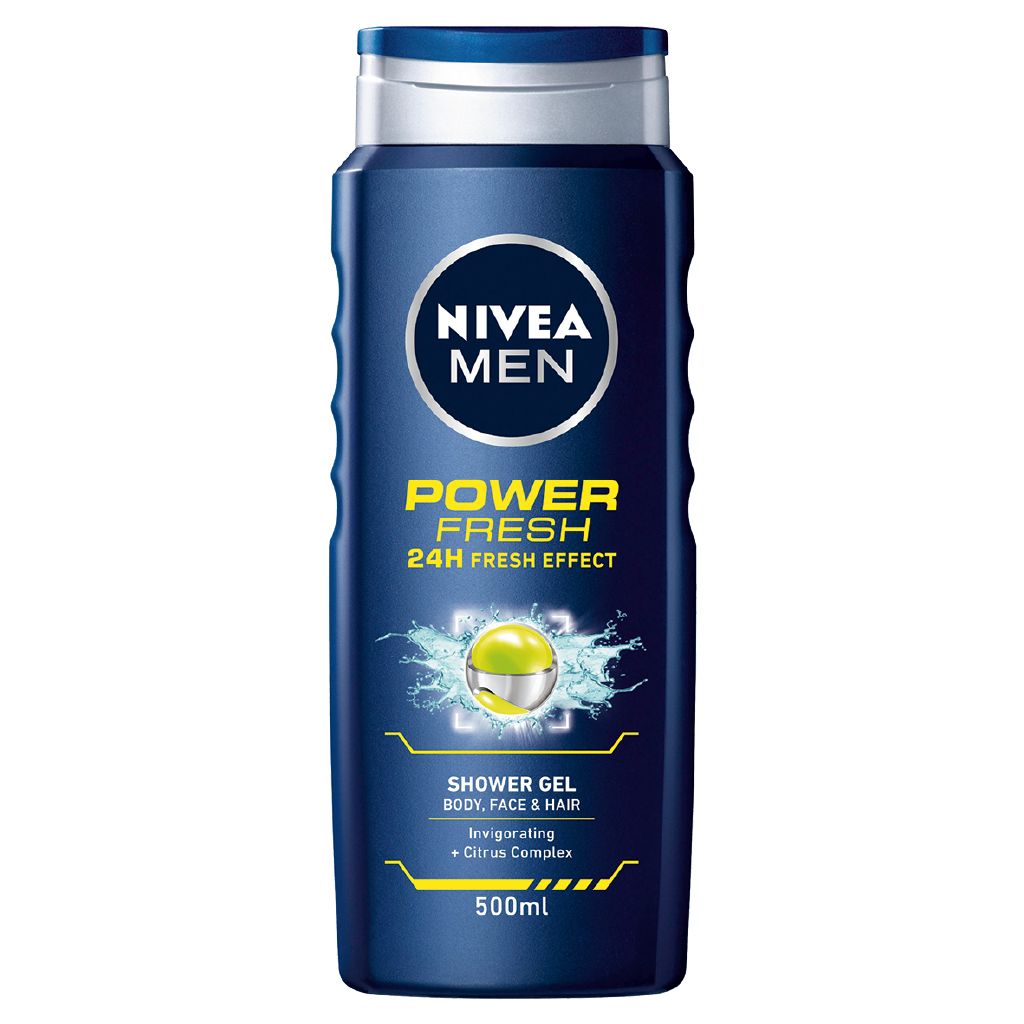 NIVEA Men Fresh Power Shower Gel 500ml bottle with blue and white packaging, designed for men's grooming.