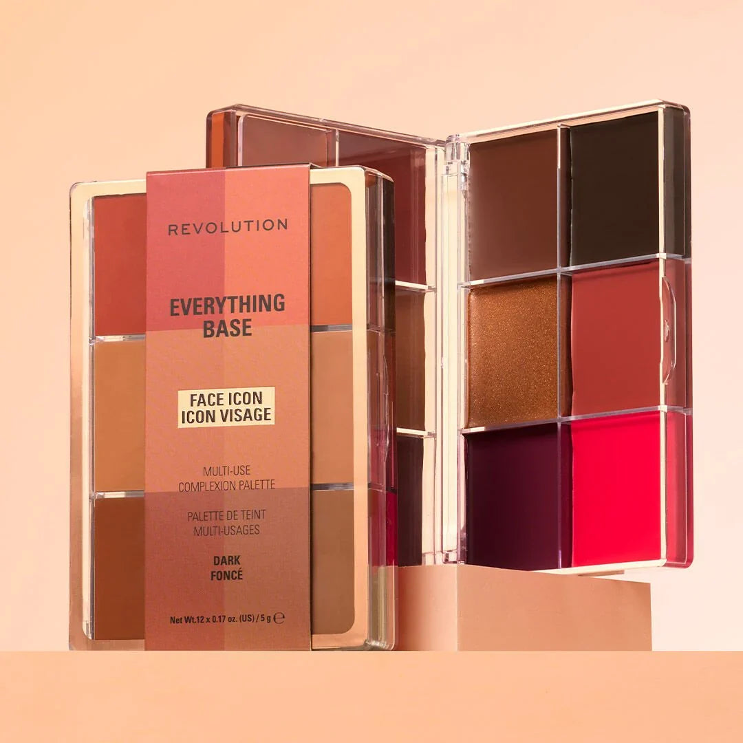 Revolution Beauty Revolution Everything Base face palette with dark shades, featuring complexion and face makeup products.