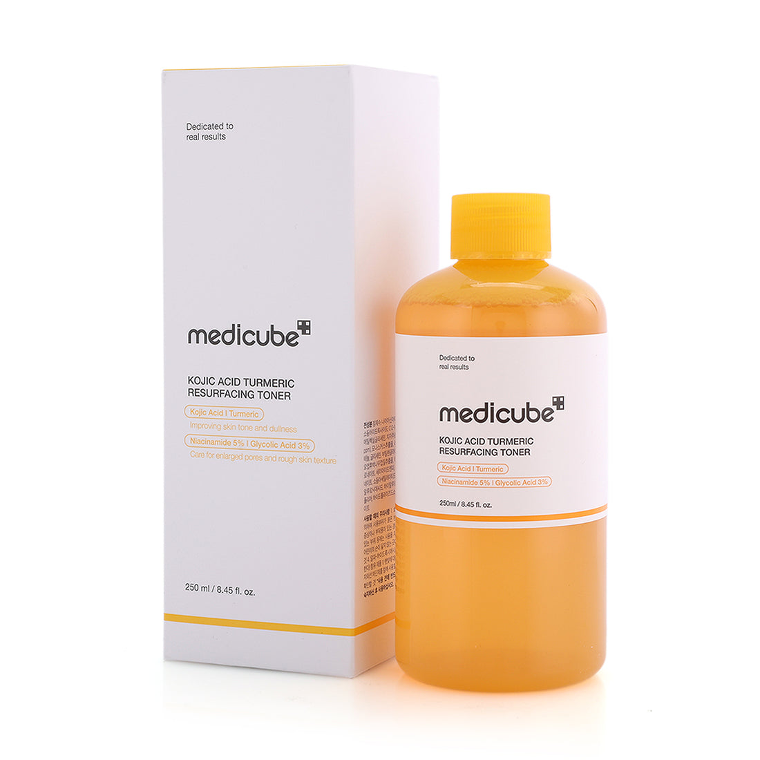 Medicube Kojic Acid Turmeric Resurfacing Toner 250ml bottle with label, K-Beauty skincare product for brightening and skin renewal.