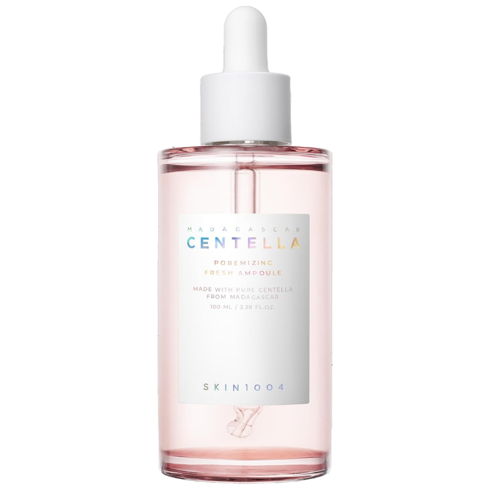 SKIN1004 Madagascar Centella Pore-Reducing Fresh Ampoule 100ml in a clear glass bottle with a pump dispenser, featuring a minimalist label.