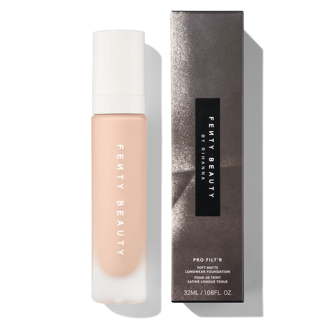 Fenty Beauty Pro Filt'r Fluid Flex natural matte foundation bottle with pump, 32ml, in a sleek glass container.