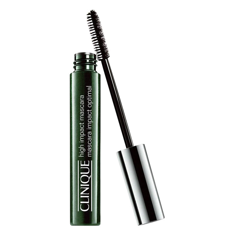 Clinique High Impact Mascara 7g tube with black mascara brush, showcasing the makeup product for voluminous lashes.