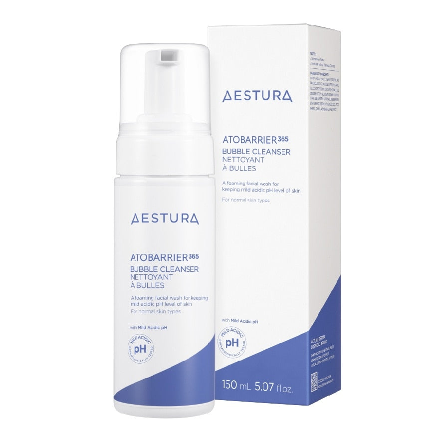 AESTURA ATOBARRIER365 Bubble Foam Cleanser in 150ml bottle, showing the K-beauty facial cleanser with a pump dispenser and foam texture.