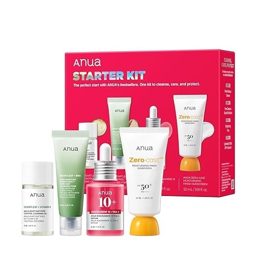 Anua K-Beauty starter kit with skincare products in sleek bottles and jars, arranged neatly on a white background.