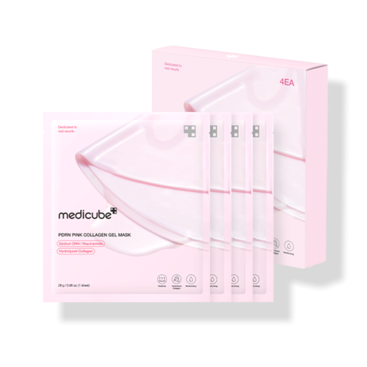 Medicube PDRN Pink Collagen Gel Mask pack of four, K-Beauty skincare masks with pink collagen for skin revitalization.