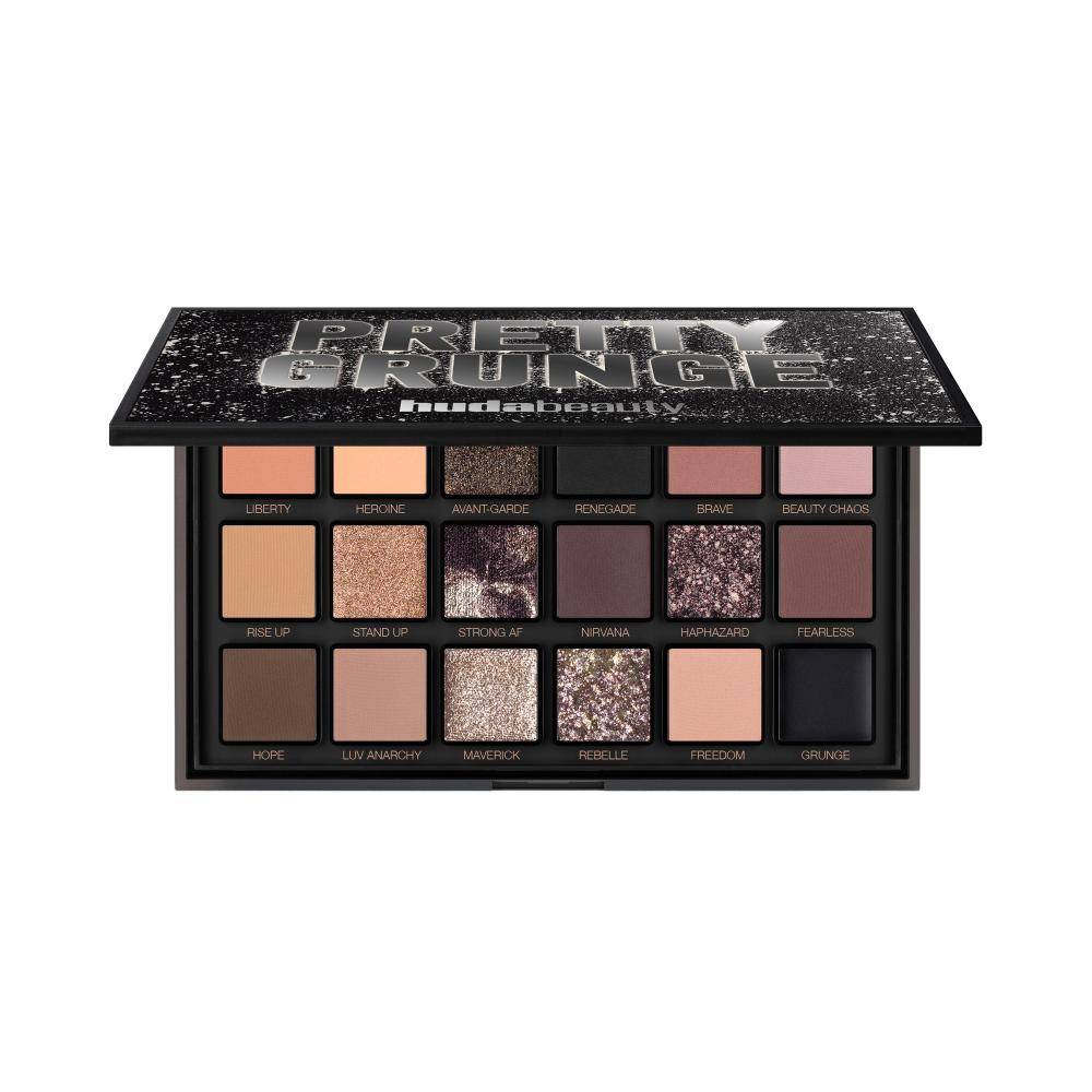 Huda Beauty Pretty Grunge eyeshadow palette with 16.8g of neutral and smoky eye makeup shades open showing pans and colors