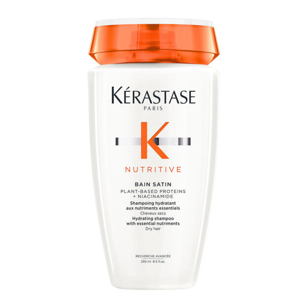 Kérastase Nutritive Bain Satin hydrating shampoo bottle, 250ml, with sleek packaging for nourishing hair care.