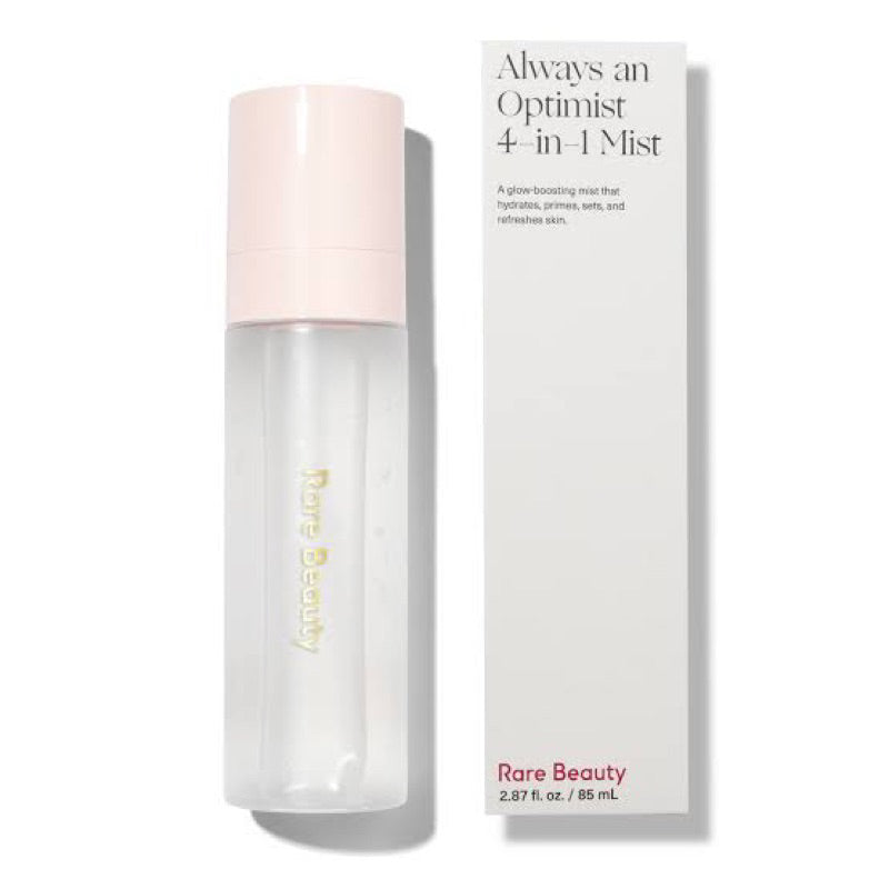 Rare Beauty Always An Optimist 4-in-1 Mist makeup spray bottle, 85ml, with clear packaging and spray nozzle visible.