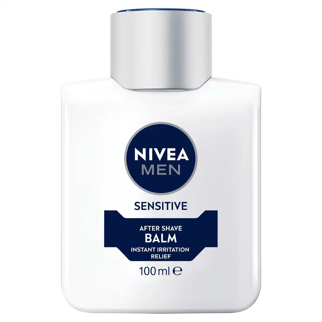 NIVEA MEN Sensitive Post Shave Balm 100ml in a white bottle, designed for soothing men's grooming after shaving.