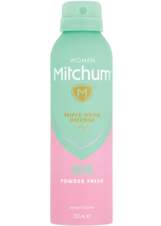 Mitchum Women Triple Odor Defense Pure Fresh spray bottle, 200ml, in a white and blue packaging for personal hygiene.