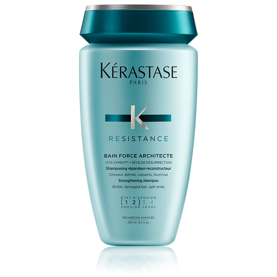 Kérastase Resistance Bain Force Architecte shampoo bottle, 250ml, for damaged hair repair and strengthening.