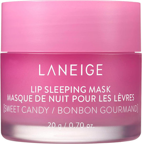 Laneige Lip Sleeping Mask Sweet Candy 20g in a small jar, showing the pink-colored, creamy K-Beauty lip treatment.