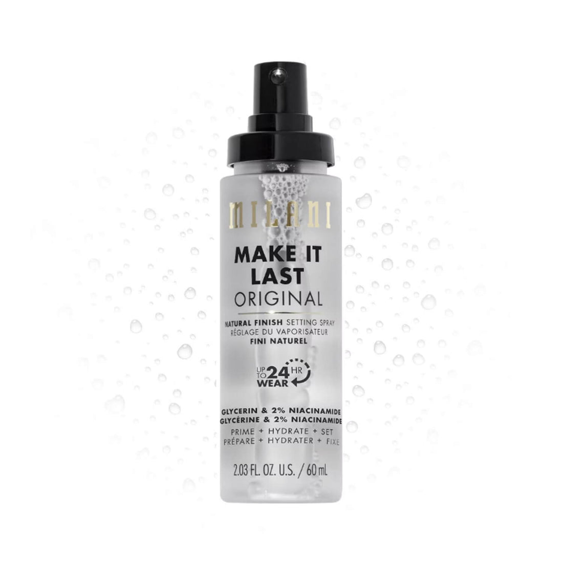 Milani Make It Last Matte Charcoal Makeup Setting Spray bottle with black and gray design on a white background.