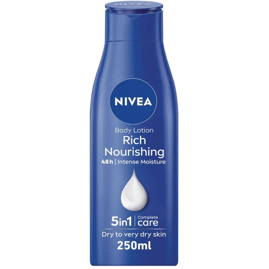 NIVEA Rich Nourishing Body Lotion 250ml bottle, smooth and creamy texture, designed for deep hydration and skin nourishment.
