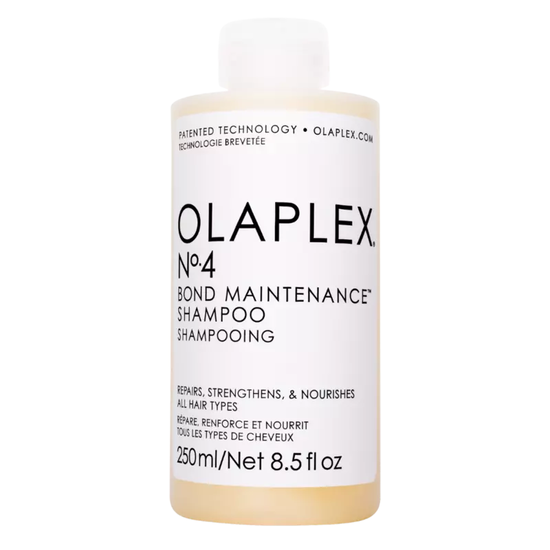 Olaplex No.4 Bond Maintenance Shampoo 250ml bottle, moisturizing hair cleanser for damaged, fragile hair.