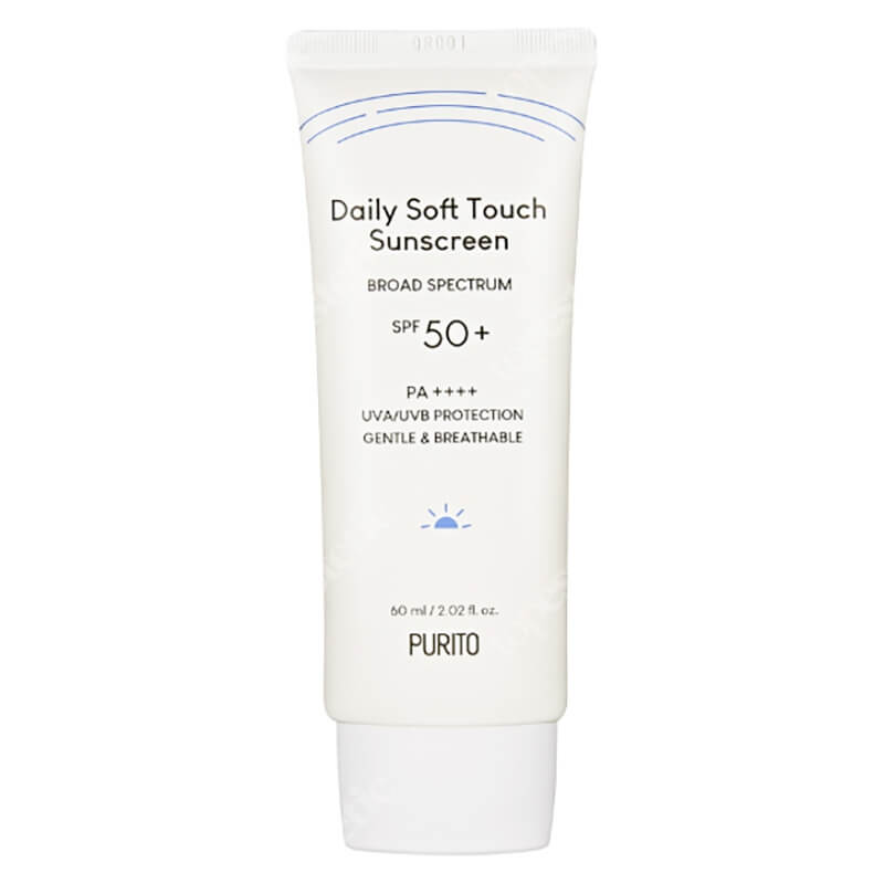 Purito Daily Soft Touch Sunscreen SPF50+ PA++++ 60ml, K-Beauty sunscreen with soothing formula and ceramides in a white tube.