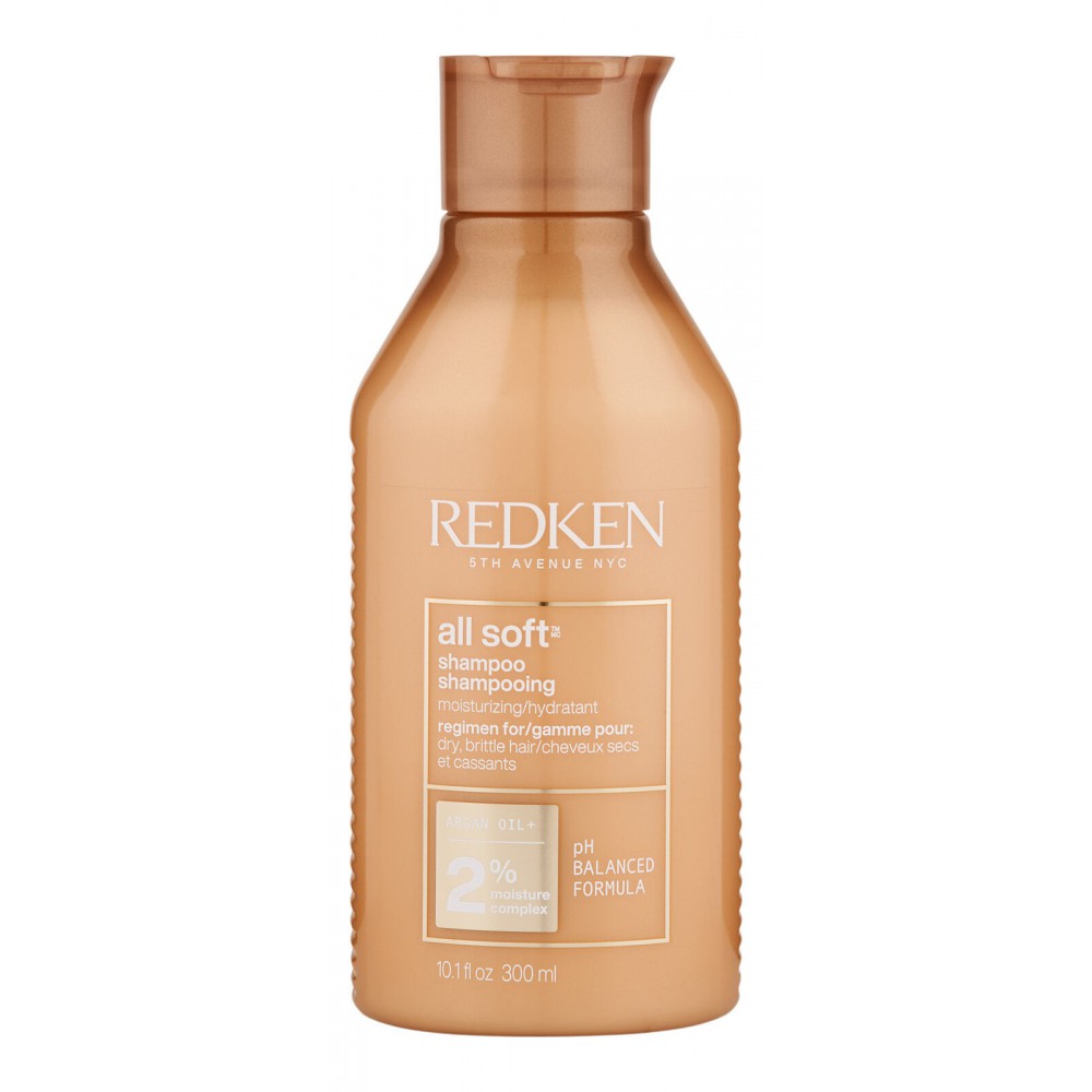 Redken All Soft Shampoo in 300ml bottle showing the product label and packaging for nourishing hair care.