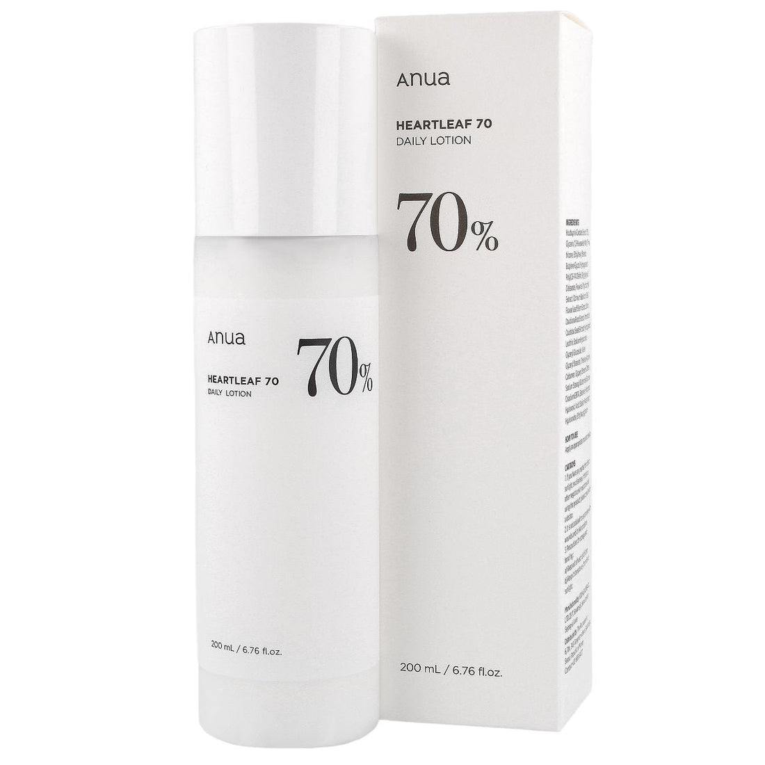 Anua Heartleaf 70% Daily Lotion bottle, K-Beauty skincare product with a white and green label, 200ml size.