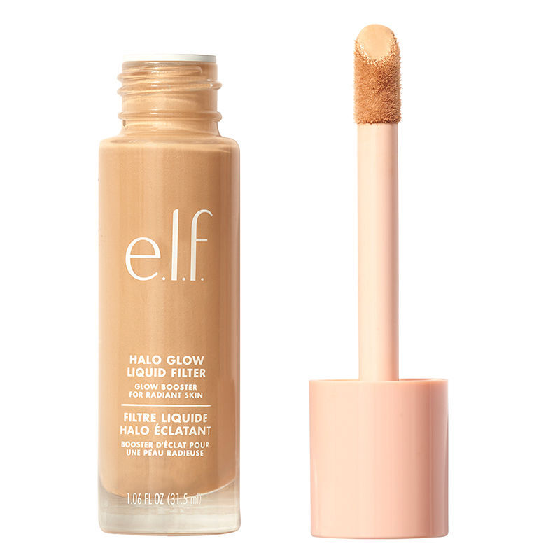 e.l.f. Cosmetics Halo Glow Liquid Filter makeup bottle with clear liquid and silver cap, showcasing the skincare-inspired makeup product.
