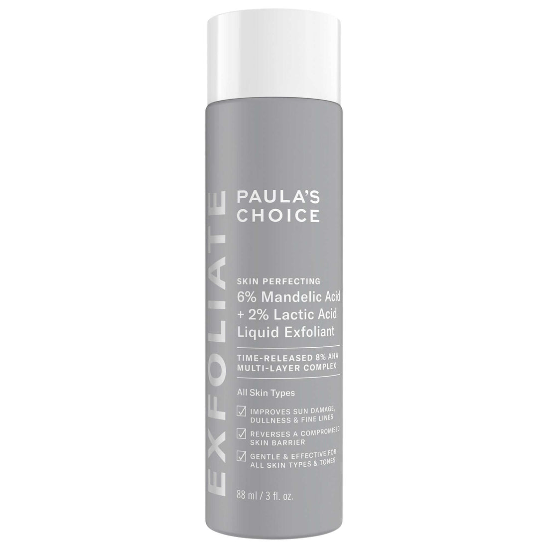 Paula's Choice Mandelic and Lactic Acid Liquid Exfoliant in 88ml bottle, facial serum for gentle chemical exfoliation.