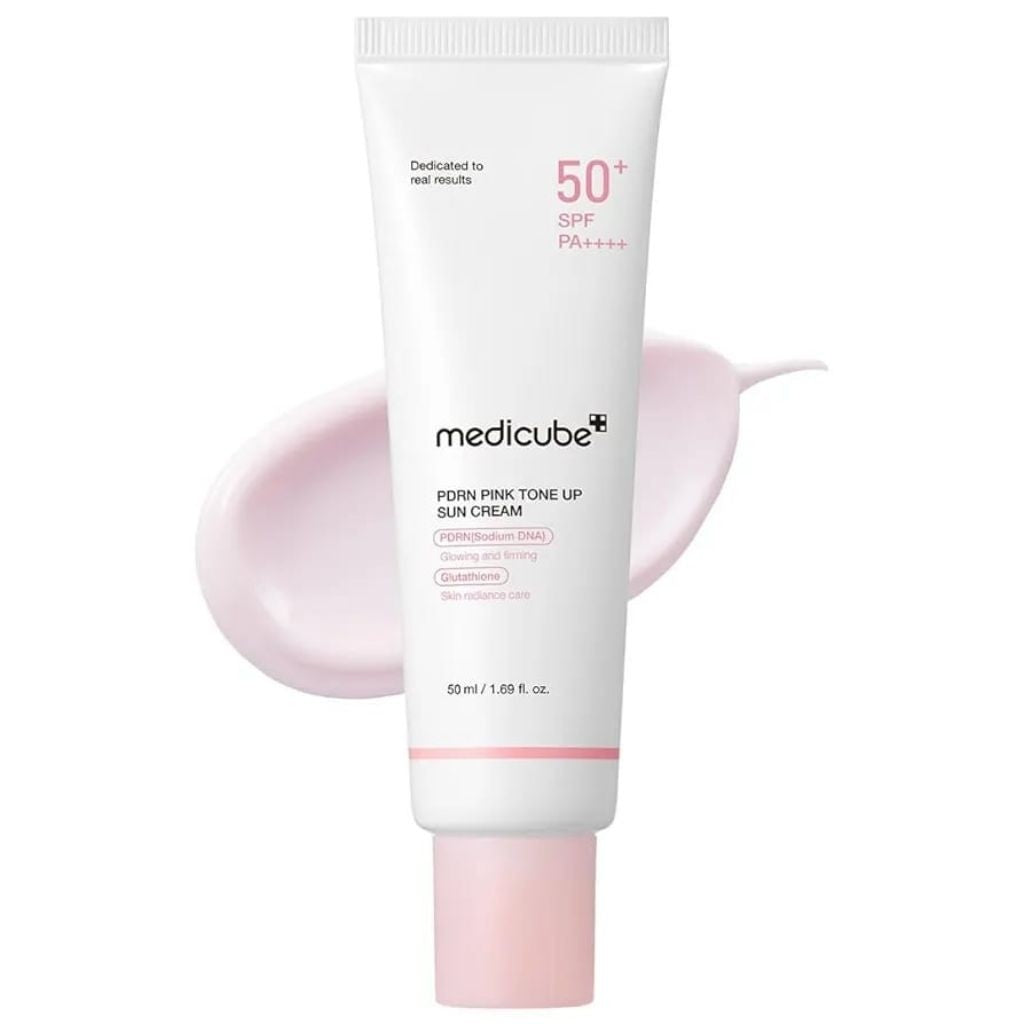 Medicube PDRN Pink Tone Up Sun Cream SPF50+ PA++++, K-Beauty, 50ml, with pink-tone formula and sun protection visible in the image.