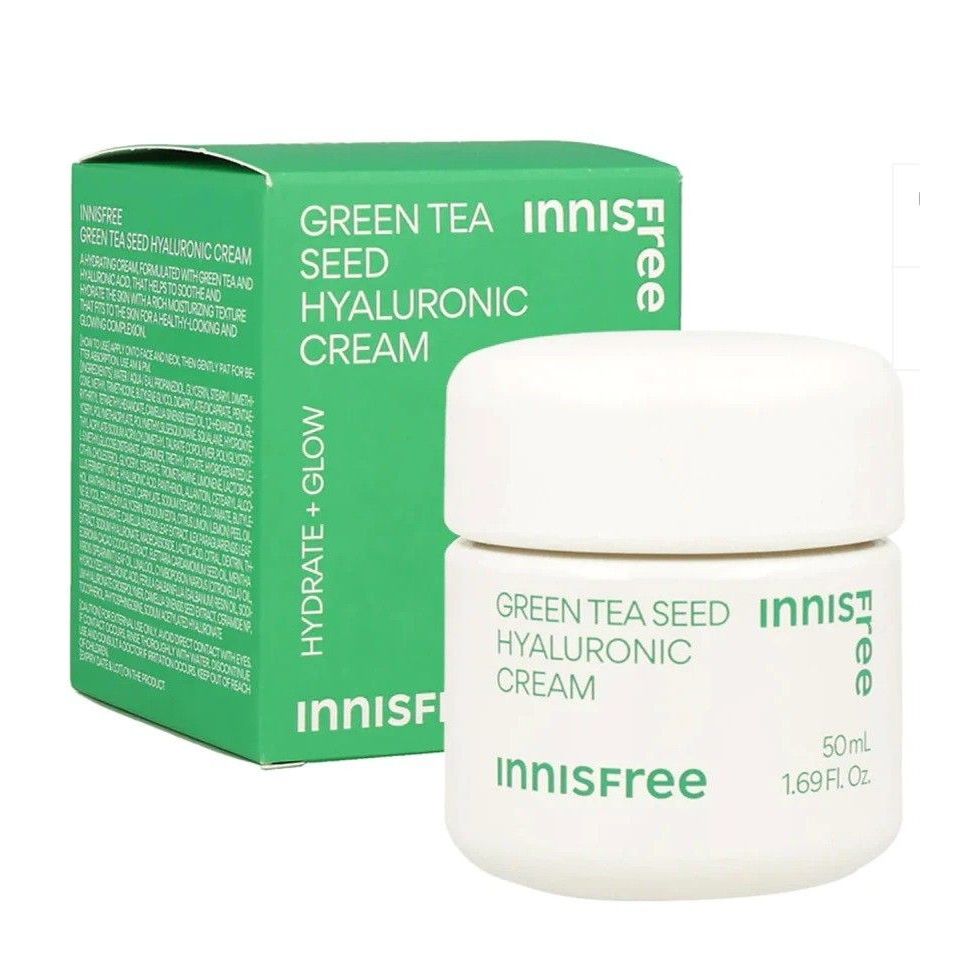Innisfree Green Tea Seed Hya Cream 50ml jar with green tea leaves and cream texture, K-Beauty skincare product for hydration.