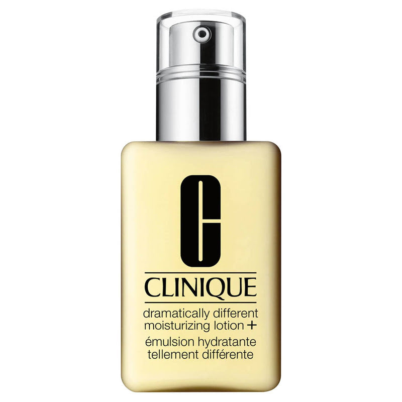 Clinique Dramatically Different Moisturizing Lotion+ 125ml bottle showing the face cream with white and blue packaging.