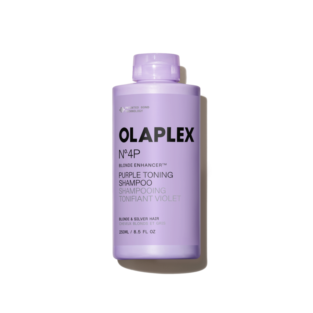 Olaplex No.4P Blonde Enhancer Toning Shampoo 250ml bottle with purple liquid for blonde hair toning and conditioning.