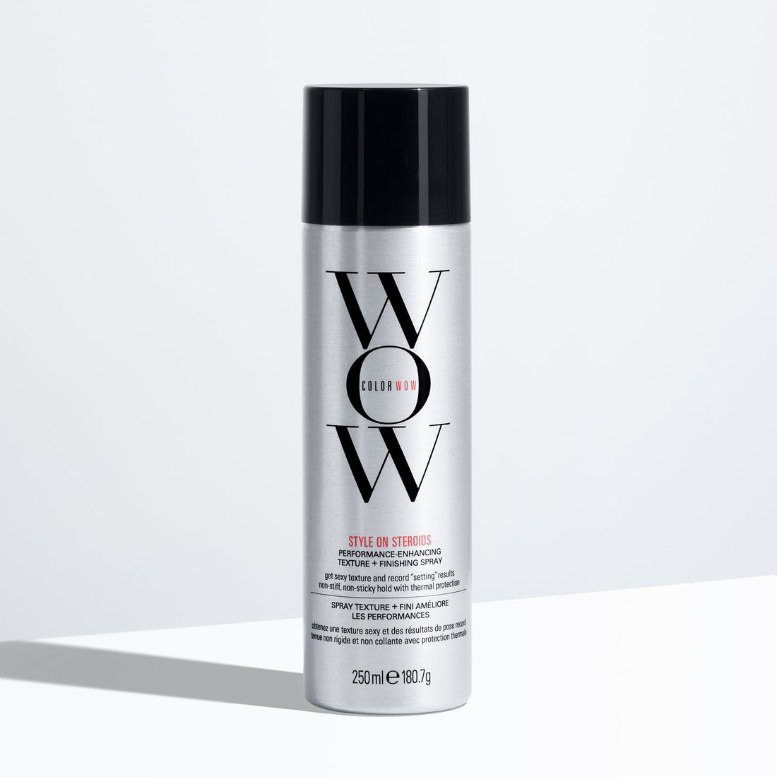 Color Wow Style on Steroids Texture and Finishing Spray in 250ml bottle, showcasing vibrant packaging for hair styling and finishing.