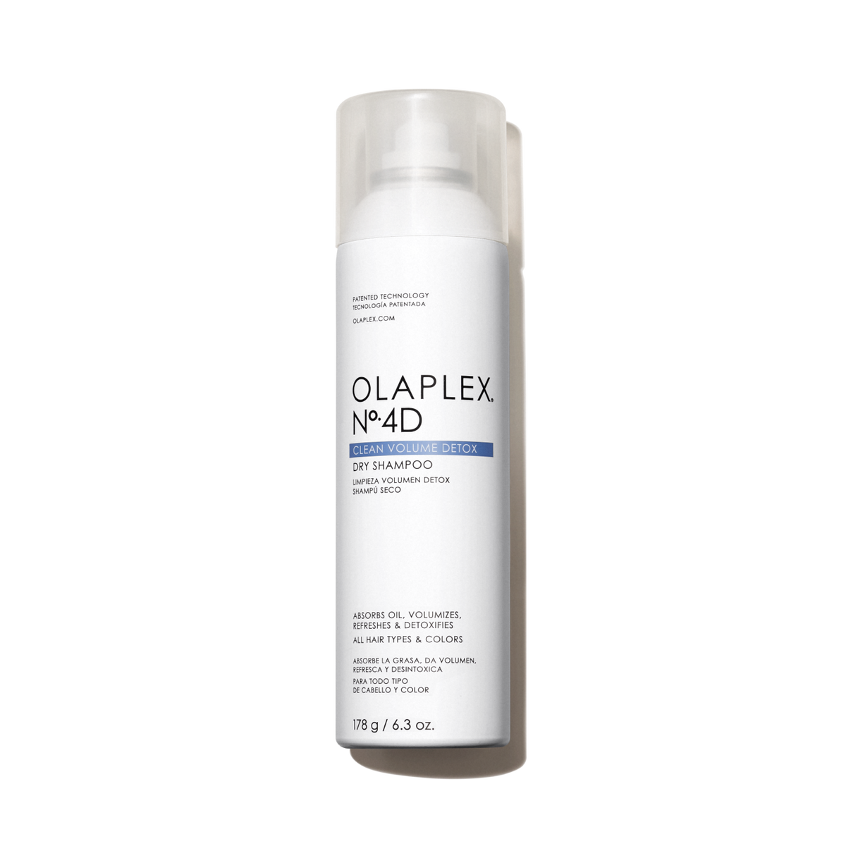 Olaplex No.4D Clean Volume Detox Dry Shampoo 250ml bottle with pump for refreshing and volumizing hair styling.