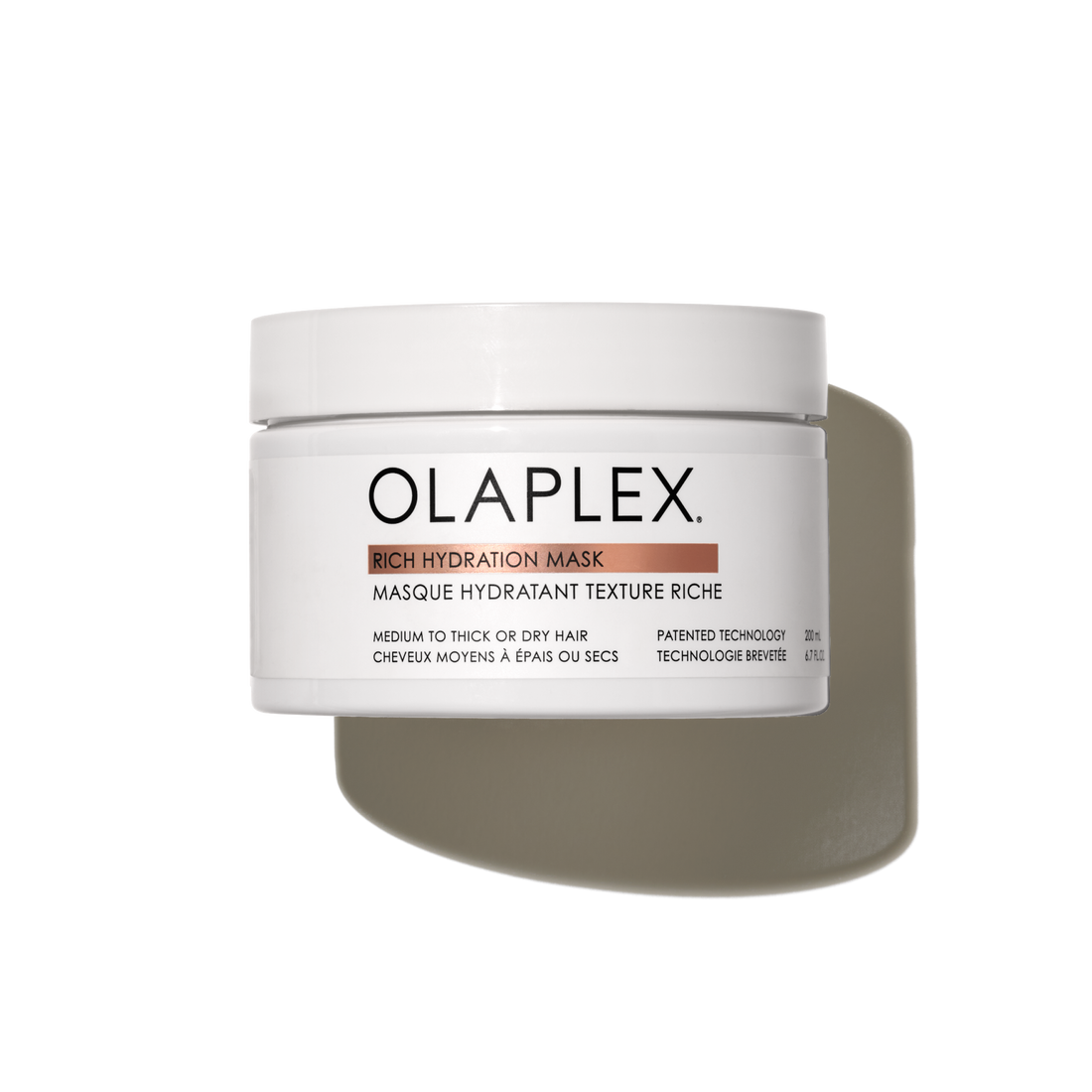 Olaplex Rich Hydration Mask in 200ml jar, a nourishing hair treatment with a creamy texture for deep hydration and repair.